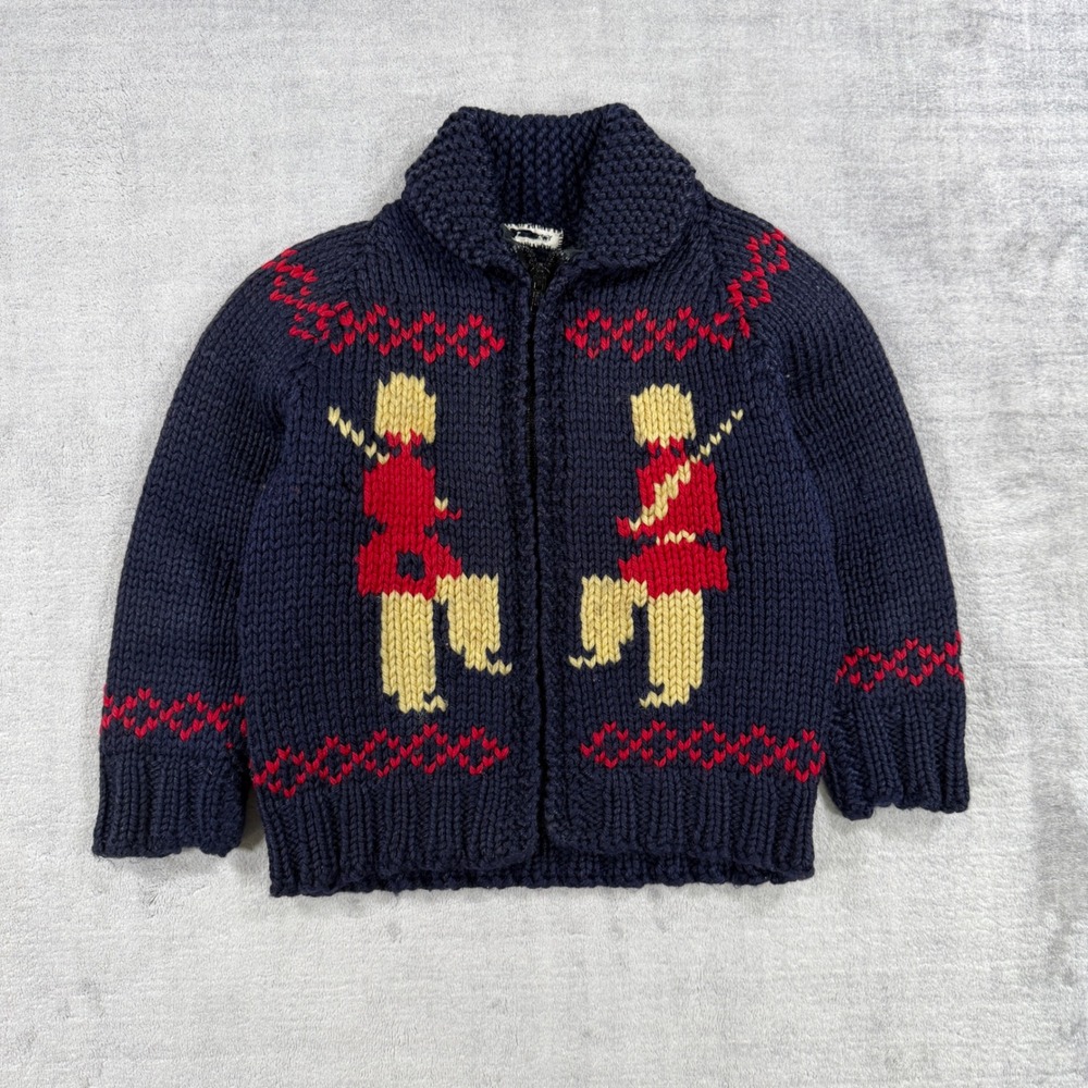 Vintage 1960s Cowichan Sweater Kids 4T Navy Blue British Guard Hand Knit Zip